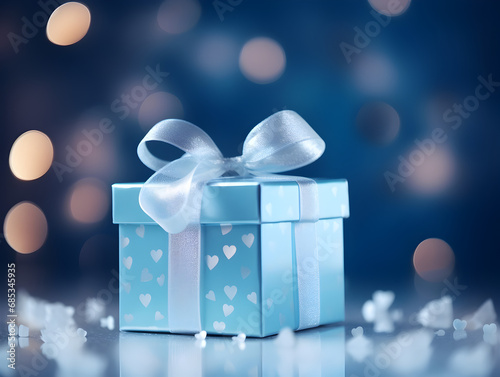 Soft blue gift box with ribbon on blurry background with hearts, valentines day concept © TatjanaMeininger