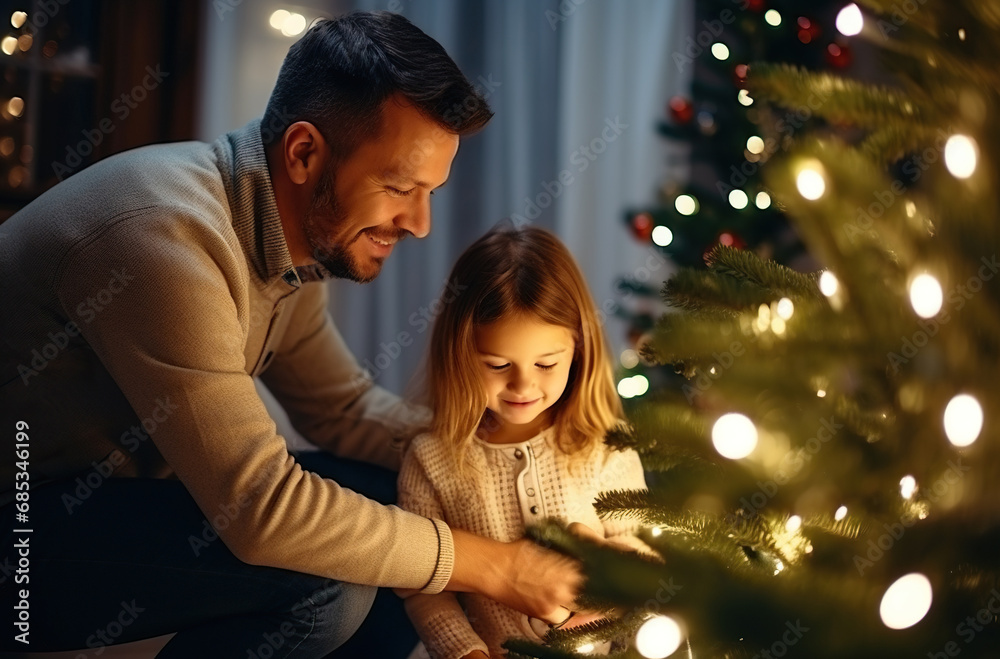 Father and daughter decorate the Christmas tree Father and daughter decorate the Christmas tree