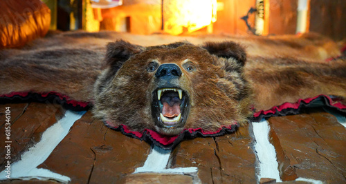 Photos Bear skin on the wall of the log house of the Historic Taku Glacier Lodge, a woo