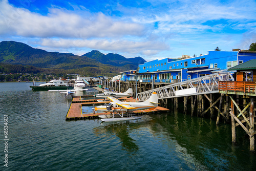 Seaplane moored in the waters of the Gastineau Channel in downtown Juneau - Floating pontoon serving as an airport for Wings Airways, an Alaskan airline offering scenic flights photo