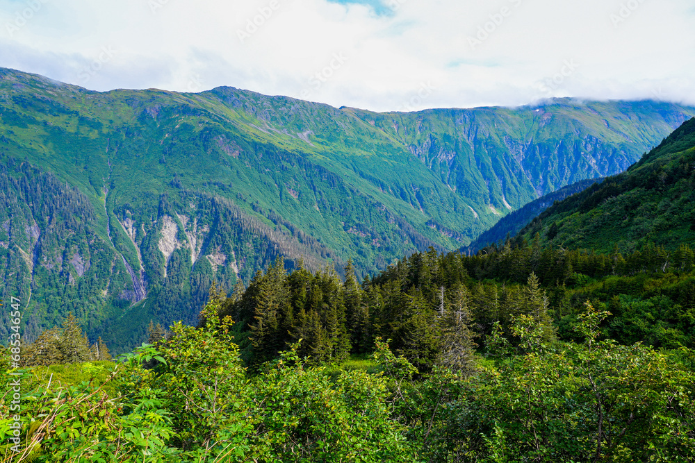 Wild mountainous landscape seen from Mount Roberts above Juneau, the capital city of Alaska, USA