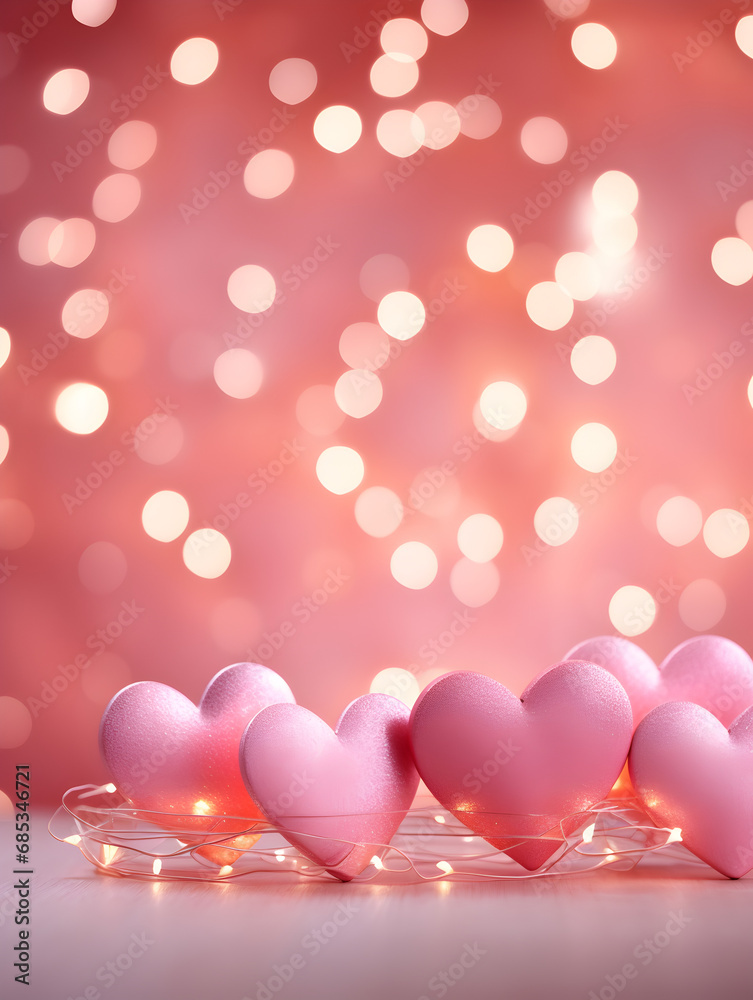 Pink mock up scene background with blurry lights and  hearts