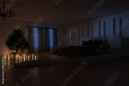 3d rendering of classical bedroom with cozy low bed and Christmas tree at night
