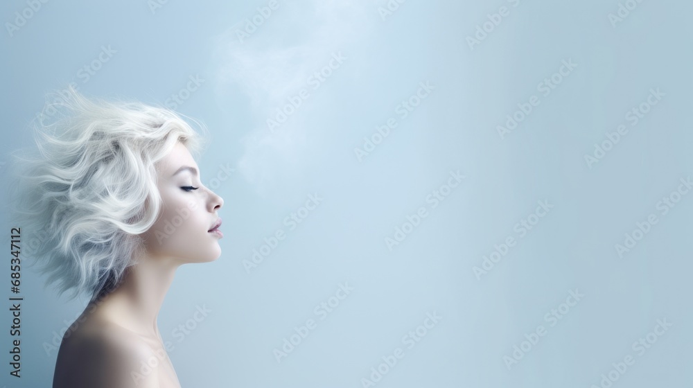  a woman with white hair standing in front of a blue wall with smoke coming out of her head and her eyes closed.