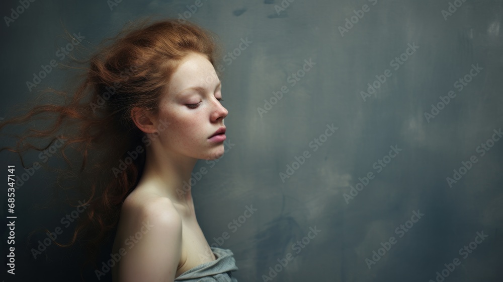 a woman with red hair in a gray dress with her eyes closed and her eyes closed to the side of her head. a woman with red hair in a gray dress with her eyes closed and her eyes closed to the side of her head.