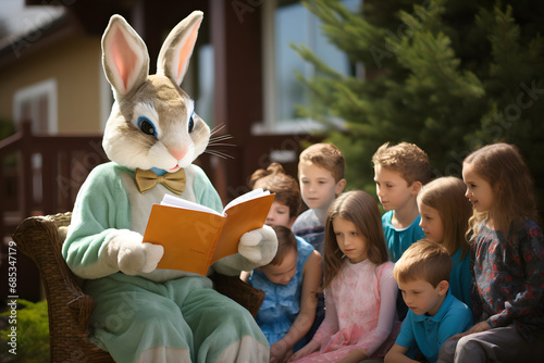 Easter Bunny reading a story to a group of enchanted children. photo