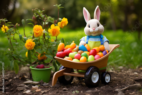 Easter Bunny with a wheelbarrow full of colorful eggs in a garden. photo