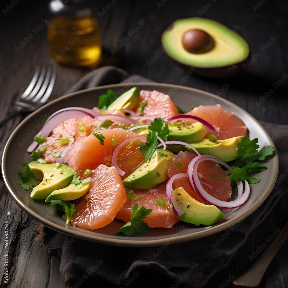 Slices of avocado grapefruit on a platter on a wooden table. Healthy food concept delicious salad