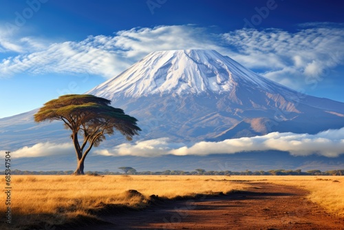 Kilimanjaro mount background in National park. Safari landscape, Tanzania Africa. Generative ai photo