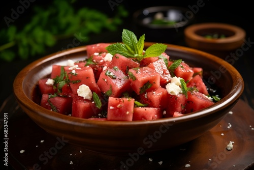 Summer salad of watermelon,feta cheese and fresh mint leaves