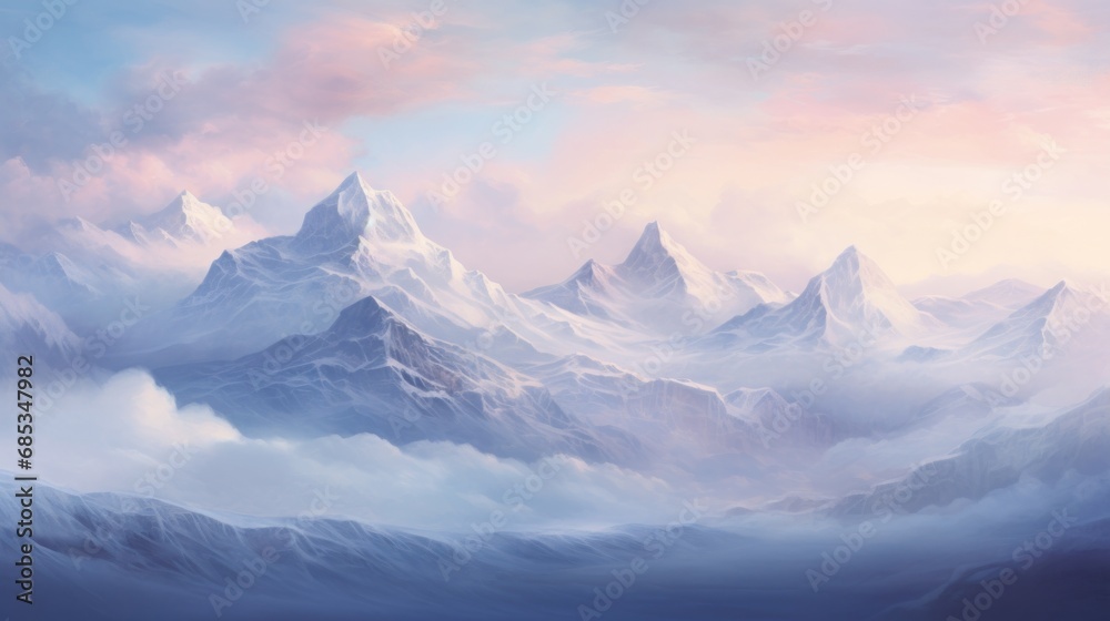  a painting of a mountain range with clouds in the foreground and a pink and blue sky in the background.