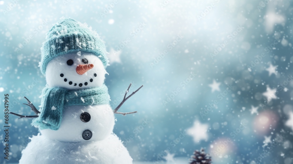  a snowman wearing a blue hat and scarf with a pine cone in the foreground and snow flakes in the background.
