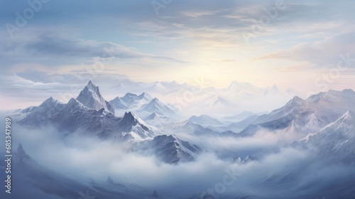 a painting of a mountain range with clouds in the foreground and a bright sun in the middle of the sky. © Olga