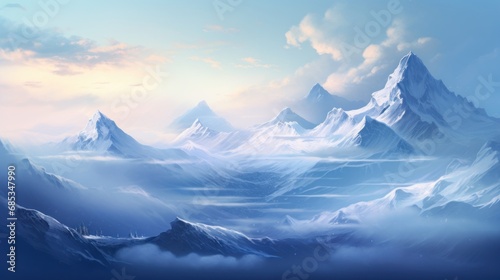  a painting of a mountain range with clouds in the foreground and a blue sky with clouds in the background. © Olga