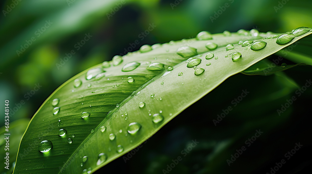 Naklejka premium Close up pictre of water drops on a on a green leaf.