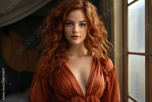 Portrait of sensual young red haired woman with long ginger curly hair at the window.