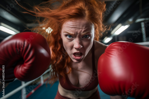 Close-up of a redhair woman fighting in the boxing ring photo
