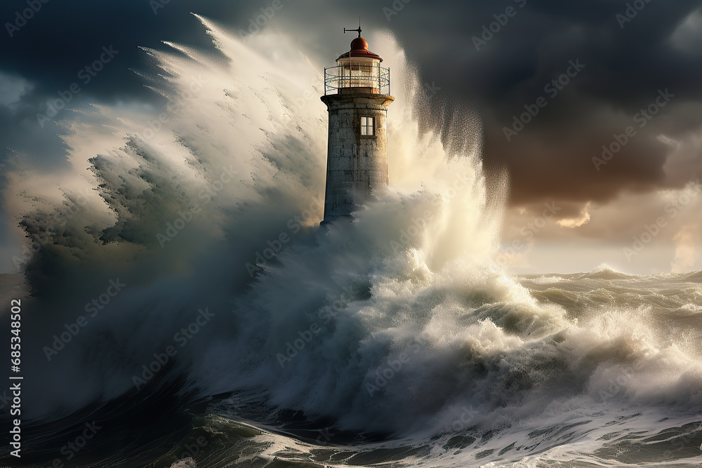 photo of a lighthouse, rough winter stormy weather with breaking waves