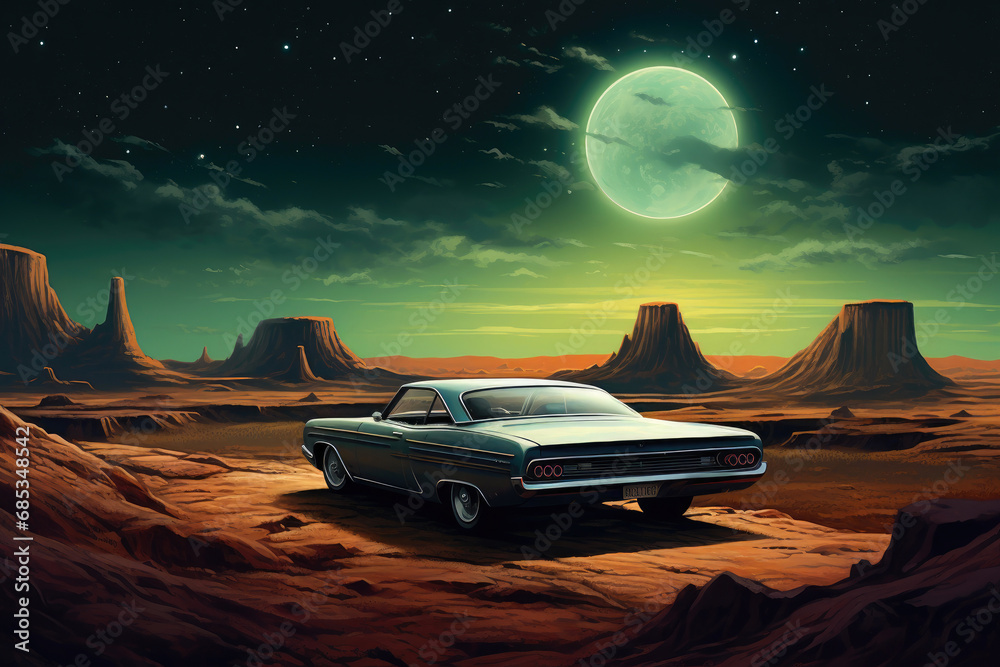 Cosmic Road Trip: Explorer in Retro Car on Extraterrestrial Terrain Cosmic Road Trip: Explorer in Retro Car on Extraterrestrial Terrain