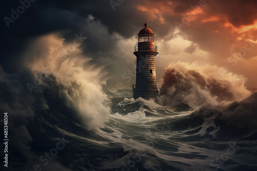 photo of a lighthouse, rough winter stormy weather with breaking waves © Koray