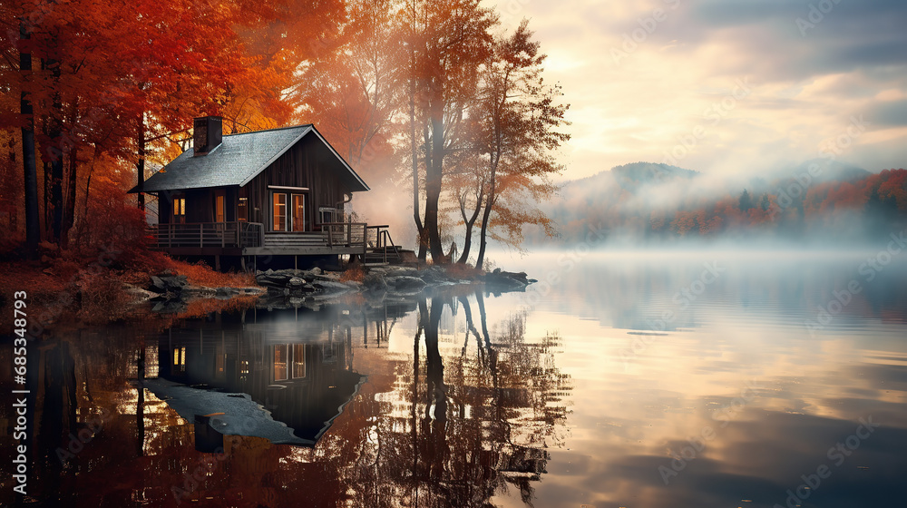Fototapeta premium Scenery view of a lake house in autumn. Amazing fall colours. foggy morning 