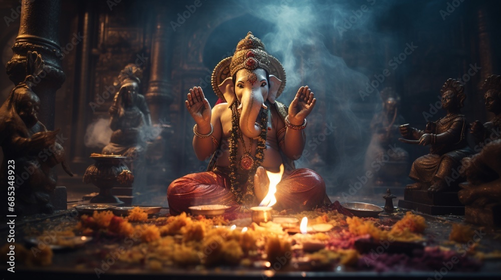 A temple priest performing a ceremonial aarti with a beautifully decorated Ganesh idol, surrounded by fragrant incense smoke.