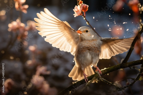 A small bird landing on a branch photo