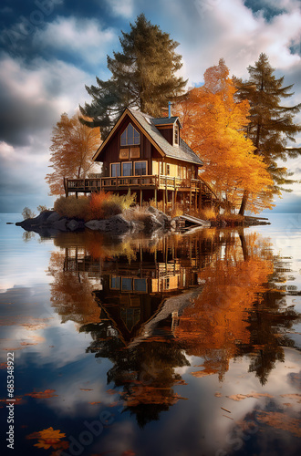Scenery view of a lake house in autumn. Amazing fall colours. foggy morning