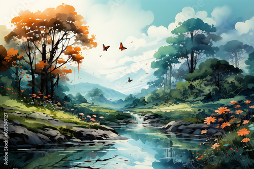 Digital watercolor painting, high quality, of a forest landscape with birds, butterflies and trees, in bright colors  © UseeIvan