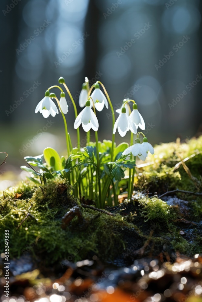 Obraz premium a beautiful icy snowdrop in the middle of the forest