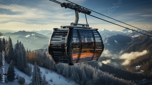 cable car cabin with winter mountains in the background