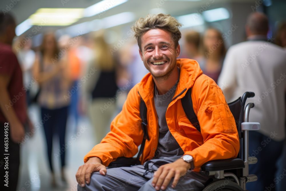 An adult smiling man with limited mobility sits in a wheelchair and checks in for a flight in the airport terminal, ensuring accessibility and convenience for all types of the population - obrazy, fototapety, plakaty 