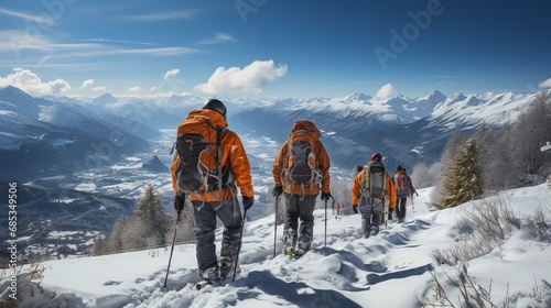 A group of climbers, in full equipment, standing on the top of a snow-capped mountain. Concept: Skiing, family vacation in snow-capped mountains, winter resort on an alpine slope, recreational ski ori photo