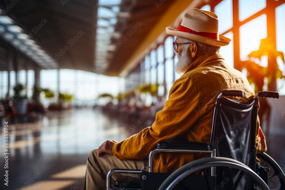 Convenience of modern airport terminals accessible to people with limited mobility, adult man in a wheelchair in a modern airport terminal waiting to check in for a flight - obrazy, fototapety, plakaty 