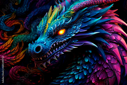 A colorful fantasy dragon on a black background. Generative AI