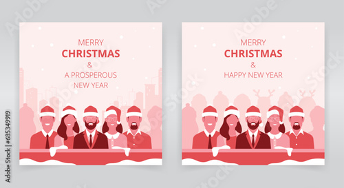Social media post templates featuring a group of business people, wishing you a merry christmas and a prosperous, happy new year