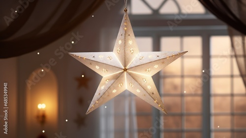  a white paper star hanging from a string in front of a window with a window sill in the background.
