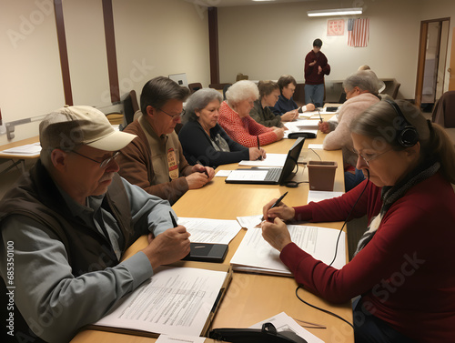 Volunteers working diligently in a phone bank for an election campaign. photo