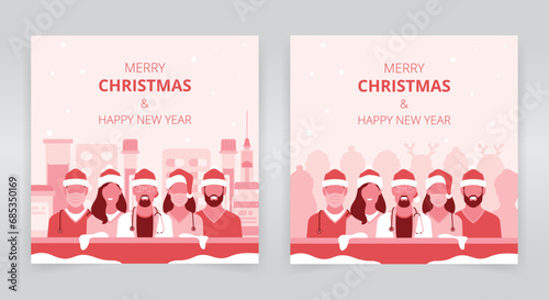 Social media post templates featuring a group of healthcare professionals, wishing you a merry christmas and happy new year