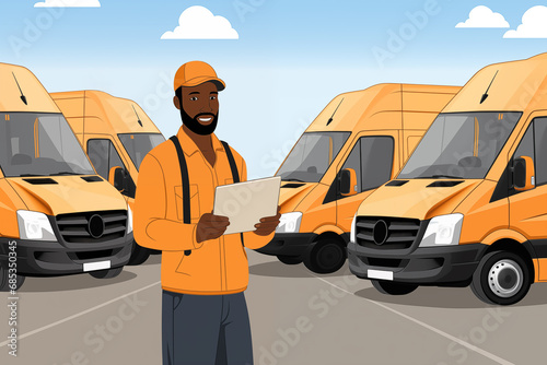 African american manager with a digital tablet on the background of vans. Fleet management