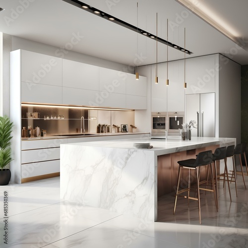 Minimalist kitchen interior with luxurious white marble table, AI generative