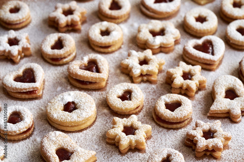 Homemade Linzer cookies on a table