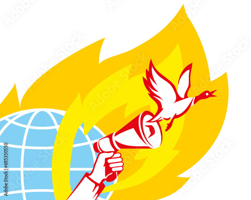 A vector icon with a duck flying out of it - a symbol of fake news. In the background is a flaming globe