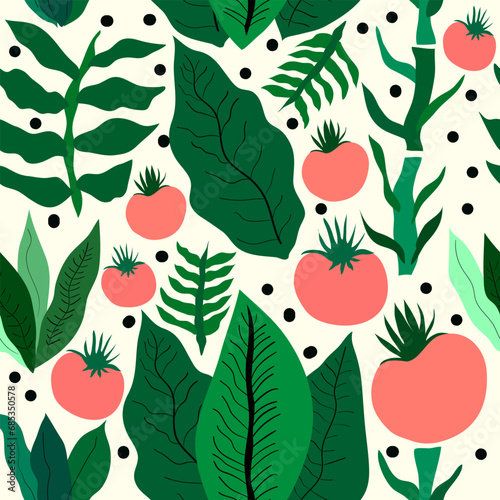 green leaves and plants with red cute tomatoes seamless pattern. Suitable for tiles, fabric, textile, decoration, wrapping and more.