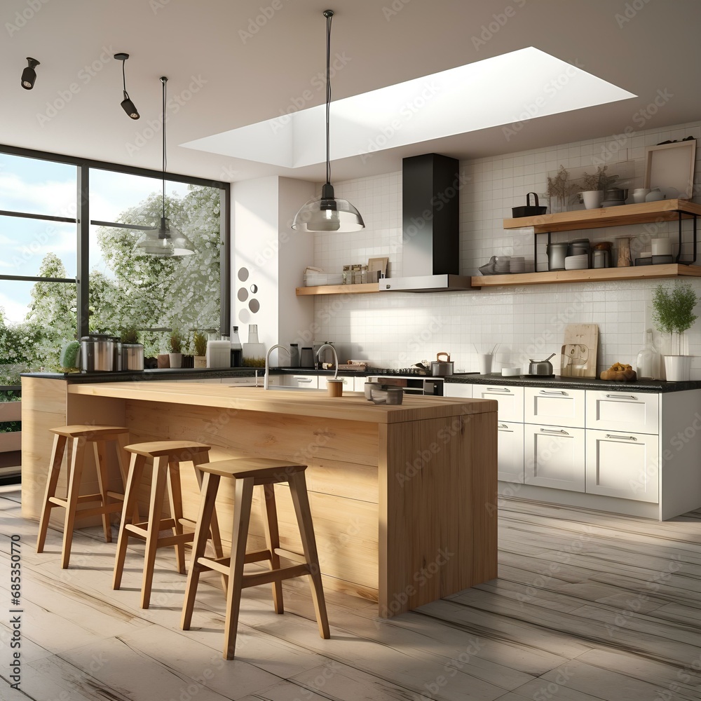 a modern kitchen with a dining table and chairs