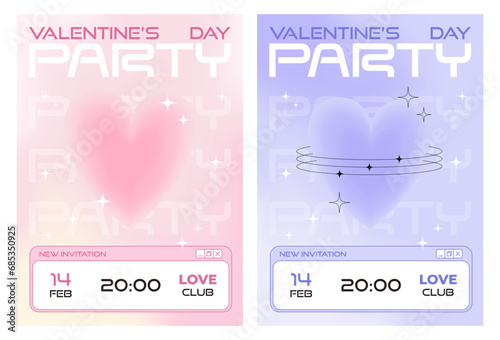 Modern y2k design Valentine's Day party invitation, banner, poster set. Trendy aesthetic minimalist vector illustrations with aura heart, abstract shapes, stars, gradient and typography. 