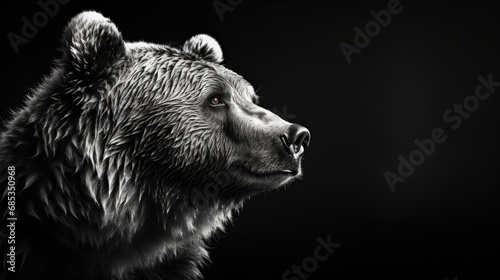  a black and white photo of a bear's head with a black back ground and a black back ground.