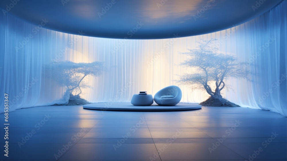 A tranquil meditation room featuring a serene blue ceiling with soft, diffused lighting.