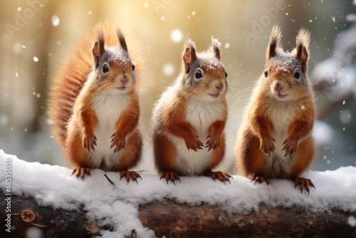 Fluffy squirrels in a fabulous winter forest