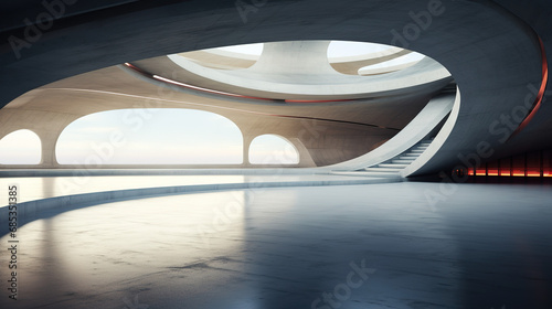  illustration of abstract parametric architecture with empty concrete floor for car presentation